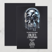 Invitation Fête d'anniversaire crâne argent chromé liquide go (Devant / Derrière)