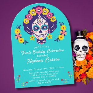Invitation Fête d'anniversaire Crâne en Sucre Floral Lumineux