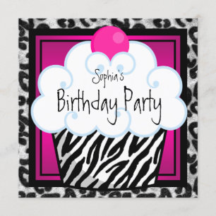 Invitation Fête d'anniversaire Cupcake Filles Zèbre Rose Chau