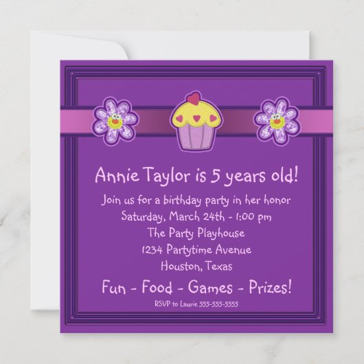Invitation Fête d'anniversaire Cupcake Violet pour Filles (Devant)