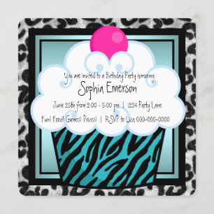 Invitation Fête d'anniversaire Cupcake Zèbre Bleu Turquoise