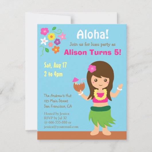 Invitation Fête d'anniversaire Cute Hawaii Hula Girl Luau (Devant)