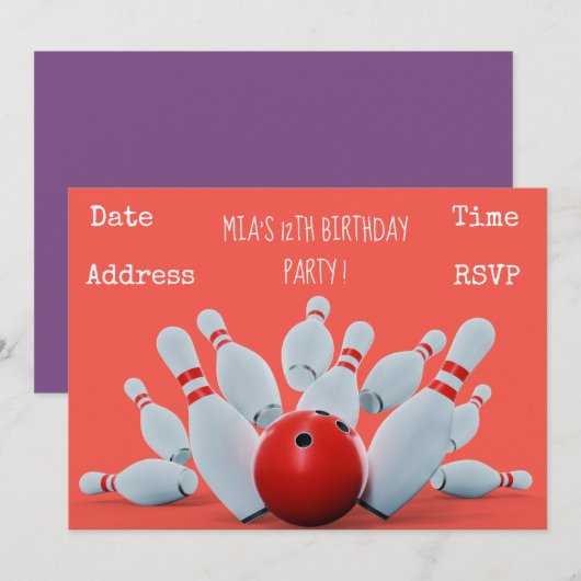 Invitation Fête d'anniversaire d'adolescentes de bowling (Devant / Derrière)