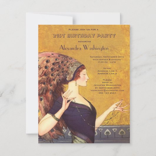 Invitation Fête d'anniversaire d'aileron de paon d'art déco (Dos)