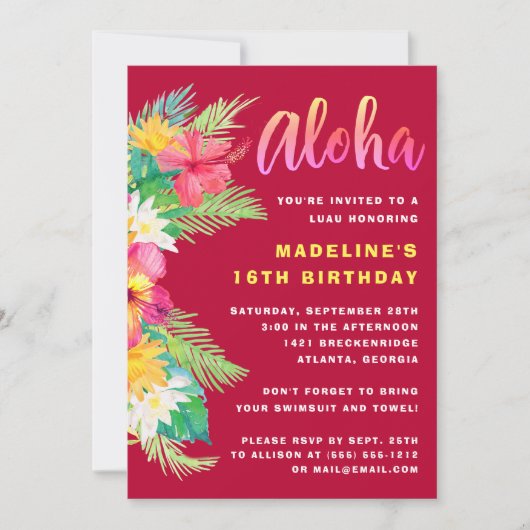 Invitation Fête d'anniversaire d'Aloha Hawaiian Luau (Devant)