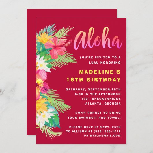 Invitation Fête d'anniversaire d'Aloha Hawaiian Luau (Devant / Derrière)