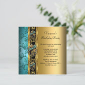 Invitation Fête d'anniversaire Damas sarcelle bleu or 2 (Debout devant)
