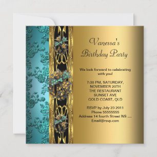 Invitation Fête d'anniversaire Damas sarcelle bleu or 2
