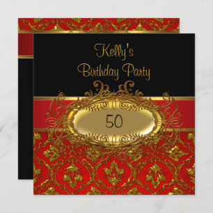 Invitation Fête d'anniversaire Damask Black Red Gold