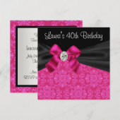Invitation Fête d'anniversaire Damask noir rose chaud (Devant / Derrière)