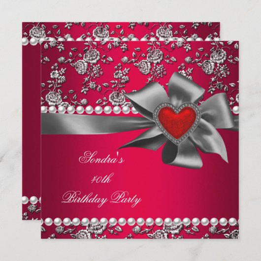 Invitation Fête d'anniversaire Damask Rouge argent blanc perl (Devant / Derrière)