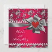 Invitation Fête d'anniversaire Damask Rouge argent blanc perl (Devant)