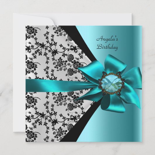 Invitation Fête d'anniversaire Damask Turquoise Bleu Noir Bij (Devant)
