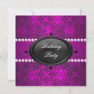 Invitation Fête d'anniversaire Damassé Rose Violet Blanc Noir
