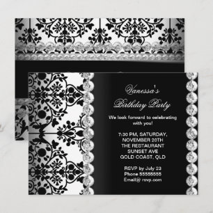 Invitation Fête d'anniversaire damassée Argent Noir Blanc Flo