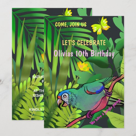 Invitation Fête d'anniversaire dans la jungle (Devant / Derrière)