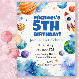 Invitation Fête d'anniversaire dans l'espace à l'aquarelle