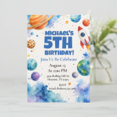 Invitation Fête d'anniversaire dans l'espace à l'aquarelle (Debout devant)