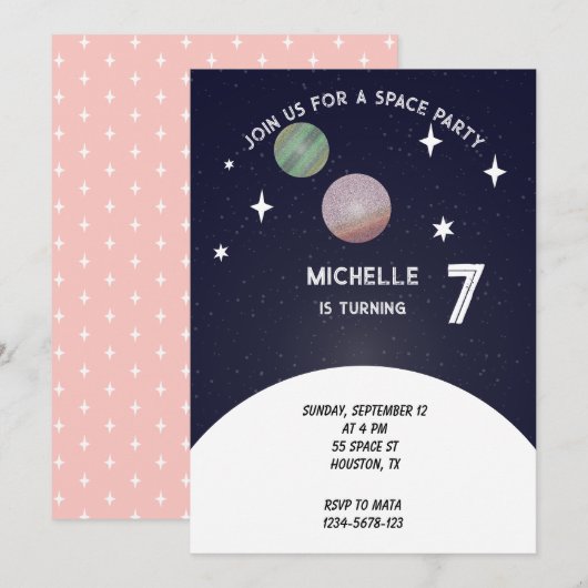 Invitation Fête d'anniversaire dans l'espace en rose (Devant / Derrière)