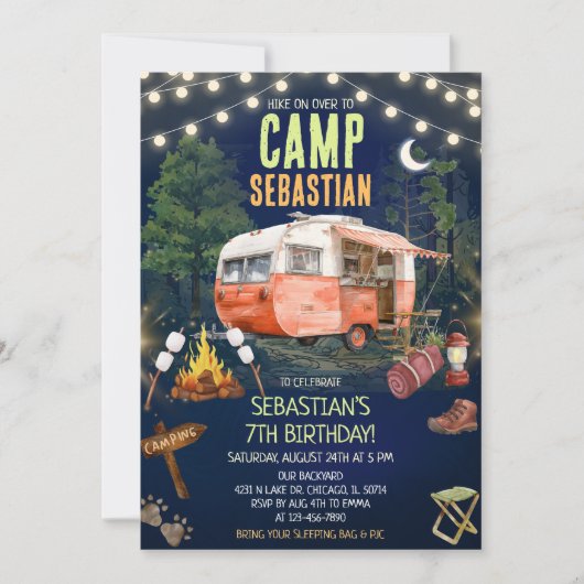 Invitation Fête d'anniversaire dans une remorque de camping v (Devant)
