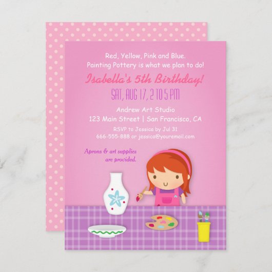 Invitation Fête d'anniversaire d'arts de peinture de poterie (Devant / Derrière)