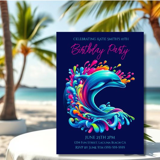 Invitation Fête d'anniversaire - Dauphin coloré éclaboussure