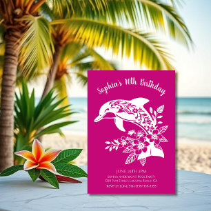 Invitation Fête d'anniversaire - Dauphin Hawaïen Fleurs Tropi