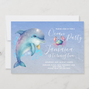 Invitation Fête d'anniversaire dauphin océan plage aquarelle