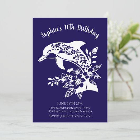 Invitation Fête d'anniversaire - Dauphin tropical fleurs hawa (Debout devant)