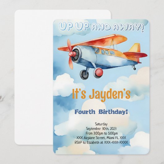 Invitation Fête d'anniversaire d'avion modifiable (Devant / Derrière)