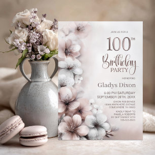 Invitation Fête d'anniversaire de 100 ans aux fleurs rose pas