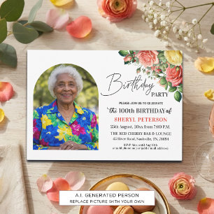 Invitation Fête d'anniversaire de 100 ans avec fleurs élégant