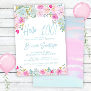 Invitation Fête d'anniversaire de 100 ans Bleu Rose Pêche Vio