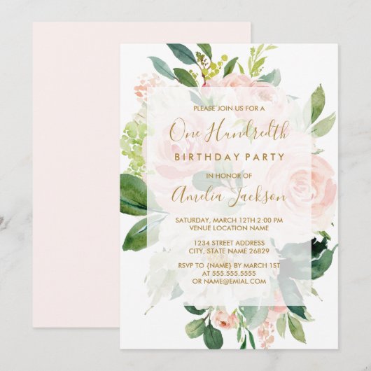 Invitation Fête d'anniversaire de 100 ans Elegant Pink Peach (Devant / Derrière)