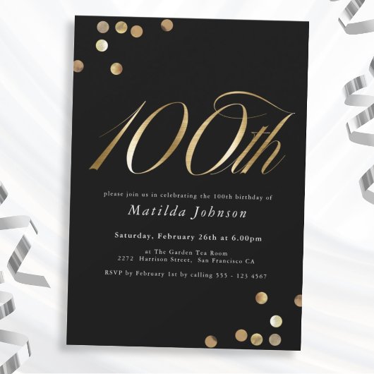 Invitation Fête d'anniversaire de 100 ans minimaliste noir et
