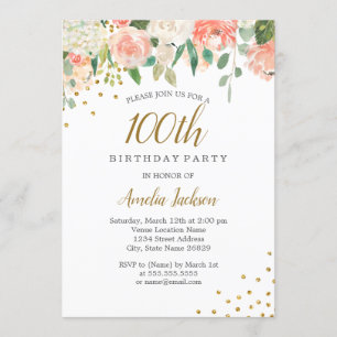 Invitation Fête d'anniversaire de 100 ans Peach Gold Watercol