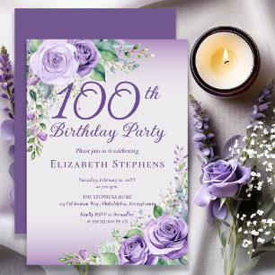 Invitation Fête d'anniversaire de 100 ans Rose Florale Lavand