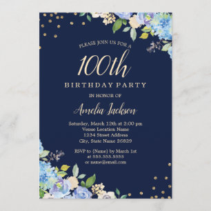 Invitation Fête d'anniversaire de 100 ans Sparkle Floral Bleu