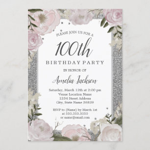 Invitation Fête d'anniversaire de 100 ans Sparkle Rose Fleur