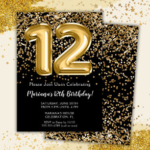 Invitation Fête d'anniversaire de 12 ans pour fille Black Gol