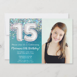 Invitation Fête d'anniversaire de 15 ans Photo Paillettes Arg