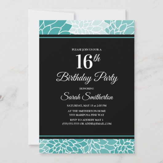 Invitation Fête d'anniversaire de 16 ans aux fleurs blanches (Devant)