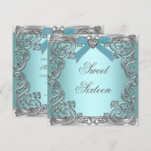 Invitation Fête d'anniversaire de 16 ans douce bleu sarcelle (Devant / Derrière)