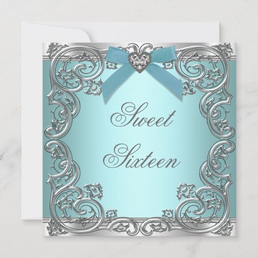 Invitation Fête d'anniversaire de 16 ans douce bleu sarcelle (Devant)