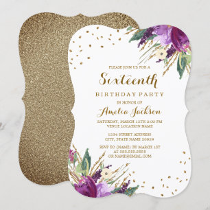 Invitation Fête d'anniversaire de 16 ans Watercolor Purple Go
