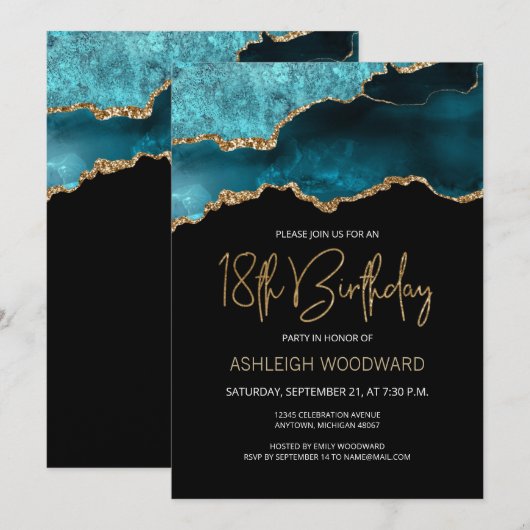 Invitation Fête d'anniversaire de 18 ans Agate Geode Sarcelle (Devant / Derrière)