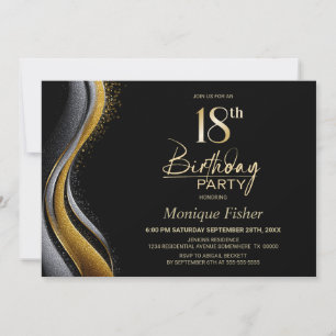 Invitation Fête d'anniversaire de 18 ans élégante noir et or