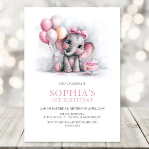 Invitation Fête d'anniversaire de 1 an avec éléphant fille et