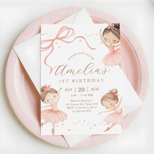 Invitation Fête d'anniversaire de 1 an de ballerine fille ros