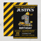 Invitation Fête d'anniversaire de 1 an de Construction Mignon (Devant / Derrière)